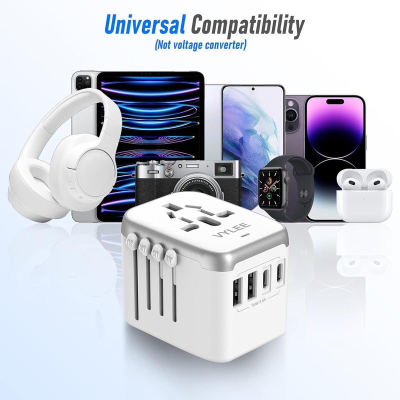 VYLEE Universal International Power Travel Plug Adapter, 5 in 1 European Travel Plug Adapter W/ 3.5A 2xUSB-A and 2xUSB C Wall Charger and Worldwide AC Outlet for Europe USA UK AUS Asia (White Grey) - Image 5